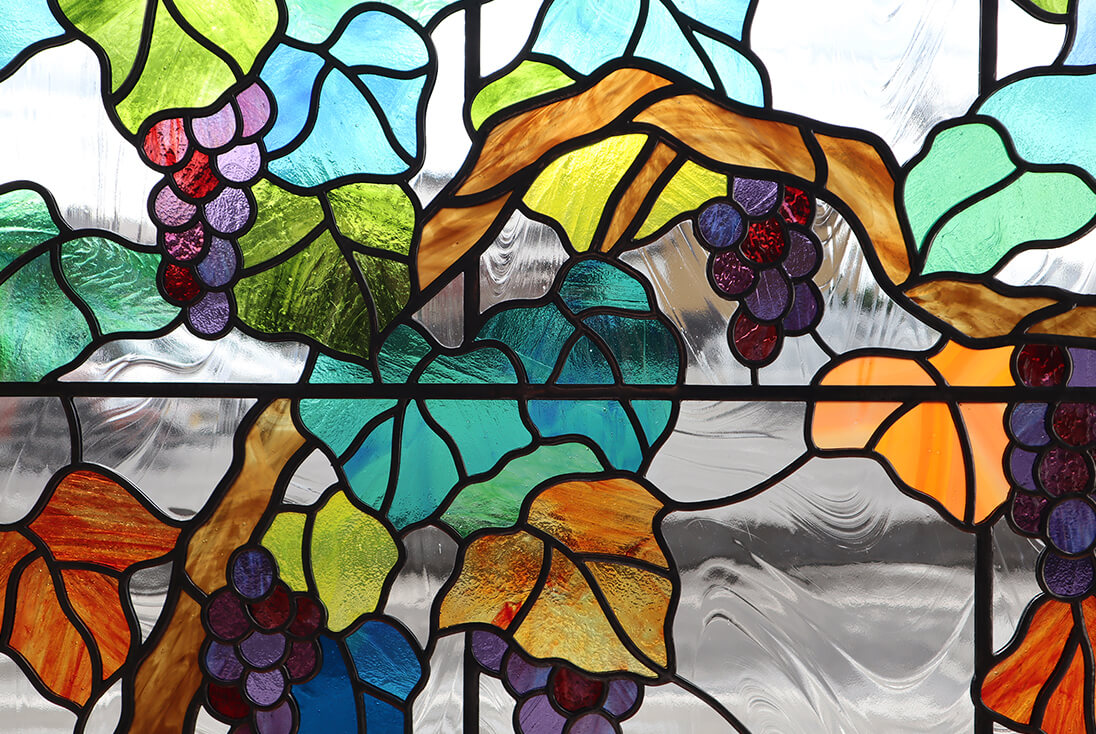 バラ・ブドウのデザイン-026　ステンドグラス(ブドウ部分2)の一部拡大イメージとガラステクスチャ