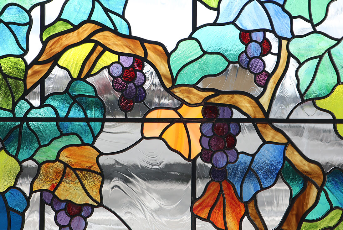 バラ・ブドウのデザイン-026　ステンドグラス(ブドウ部分1)の一部拡大イメージとガラステクスチャ