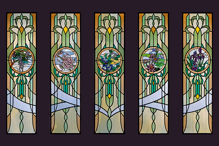 stained glass title「5連の花（菖蒲、蓮、紫陽花、桜、藤）」