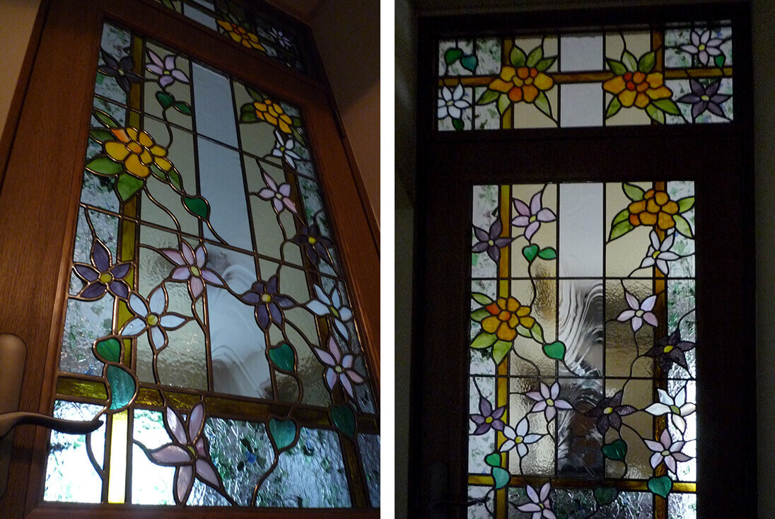 花・植物・風景のデザイン-029「クレマチス」 ドアに取り付けたクレマチスのステンドグラス