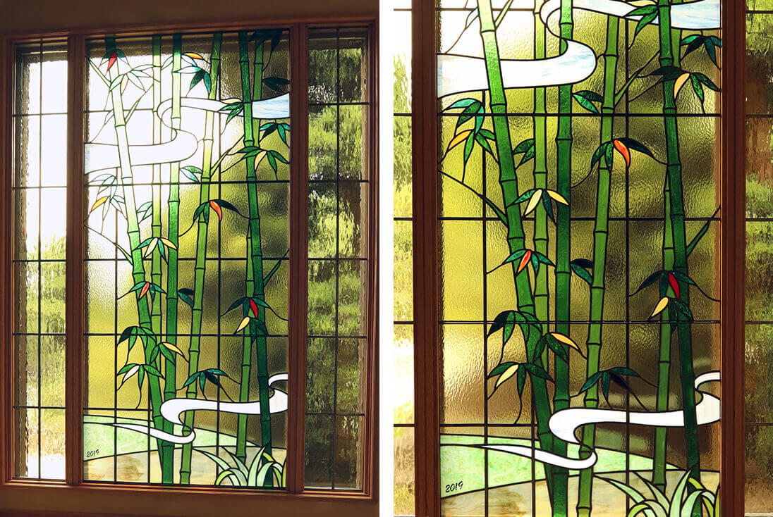 個人邸宅 和風のデザイン-013「竹」 取り付けた竹のステンドグラス全体の様子