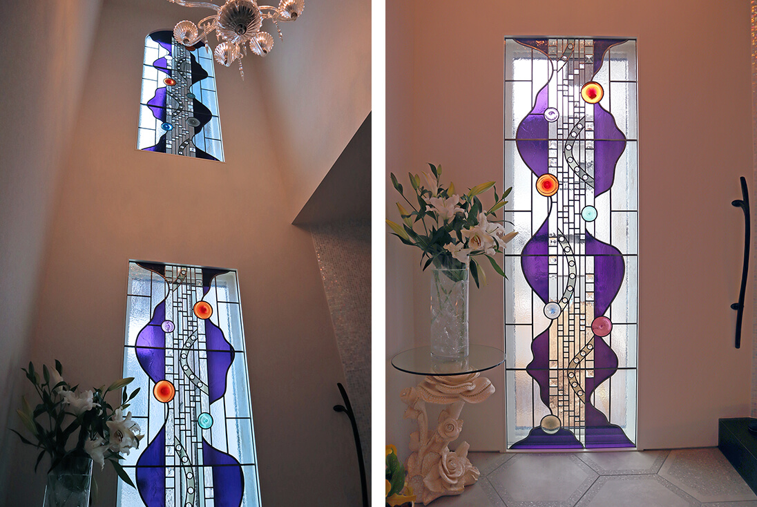 個人邸宅 抽象（流れのあるデザイン）-015 色とりどりの大小様々なロンデルとジュエルをふんだんに使用したステンドグラス