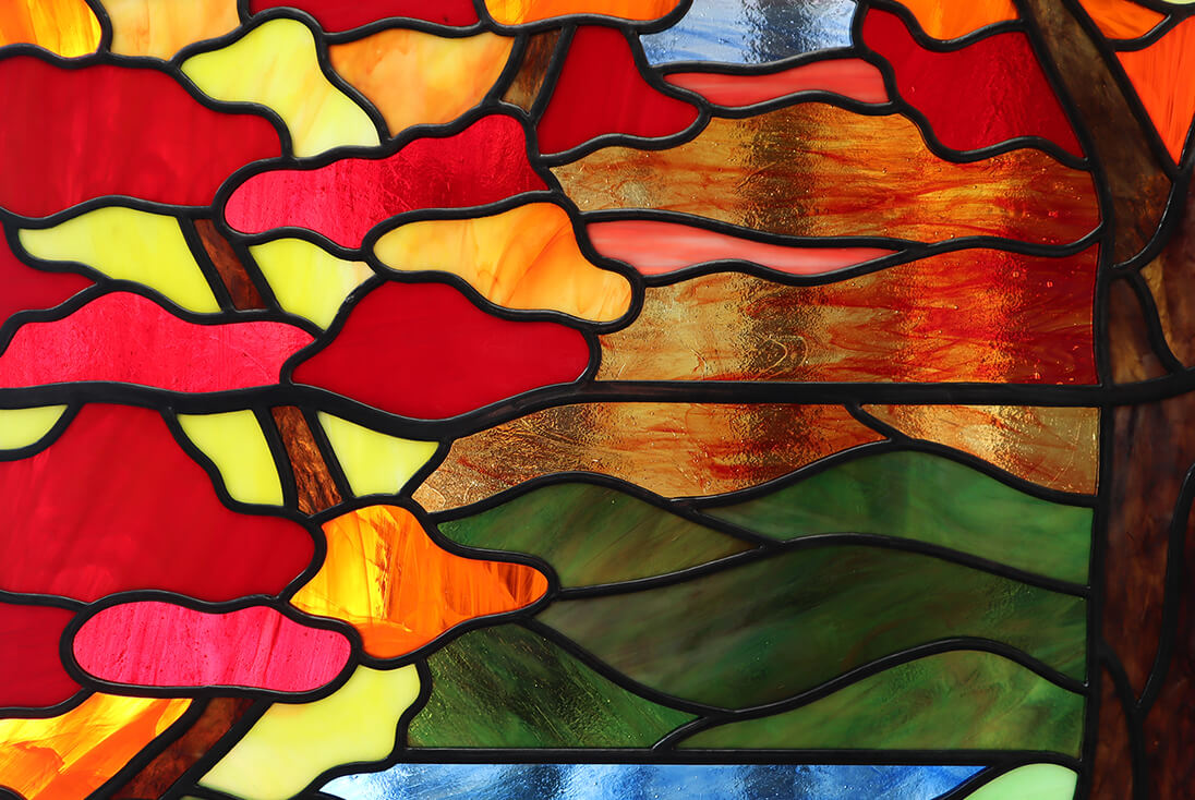 バラ・ブドウのデザイン-024　ステンドグラス(上部)の一部拡大イメージとガラステクスチャ