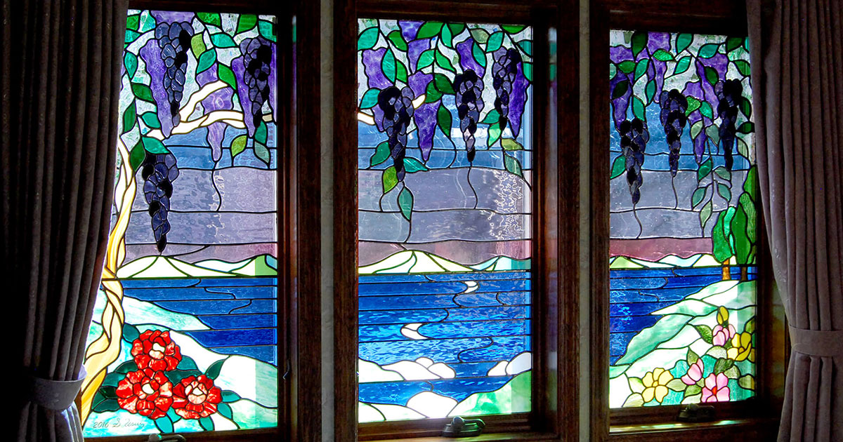 花・植物・風景のデザイン-025「藤と湖畔の風景」| ステンドグラスバロック